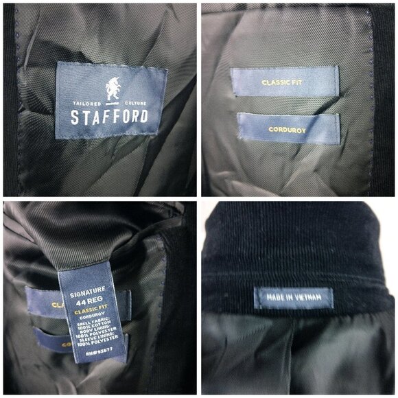 Stafford Tailored Culture Classic Fit 44R Black Corduroy Padded Elbow Sport Coat - Picture 10 of 11